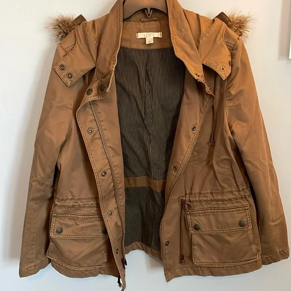 Ann Taylor Loft brown utility jacket women’s XL hood, removable fur, adjustable - Picture 1 of 8